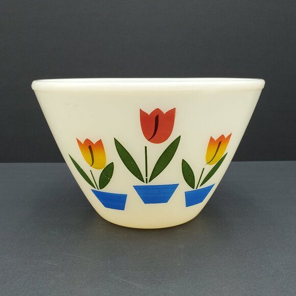 Fire King Tulips Mixing Bowl Anchor Hocking Tulip Milk Glass Serving Bowl - Picture 1 of 10